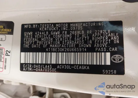 2006 Toyota Camry Xle z USA, uszkodzony, nr VIN 4T1BE30K26U665914